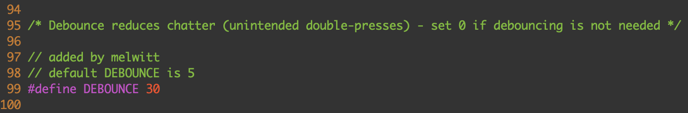 Setting debounce time in keyboards/massdrop/carina/config.h