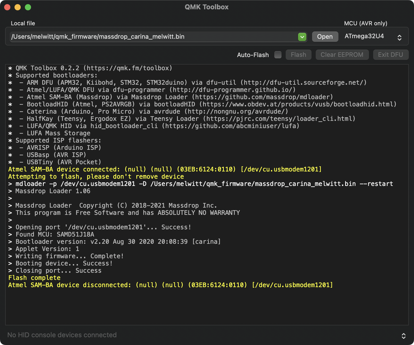 QMK Toolbox after flashing the firmware onto the keyboard