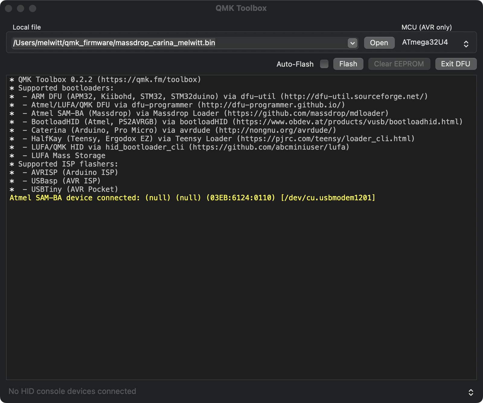 QMK Toolbox after putting the keyboard into DFU mode